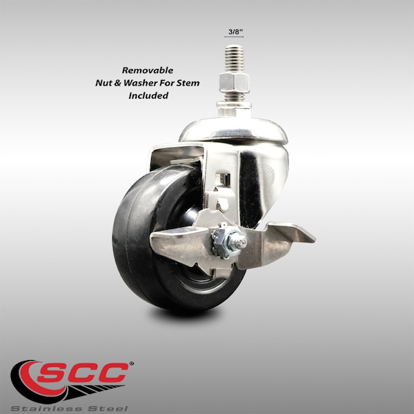 Service Caster 3 Inch 316SS Hard Rubber Wheel Swivel 3/8 Inch Threaded Stem Caster with Brake SCC-SS316TS20S314-HRS-TLB-381615 - main